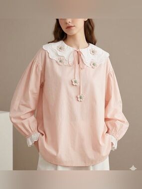 NEW Light Pink Statement Collar Blouse 3D Floral Coquette NWT